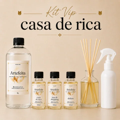 Kit Casa de Rica VIP Completo – Base + 3 Essências 100ml + Embalagens